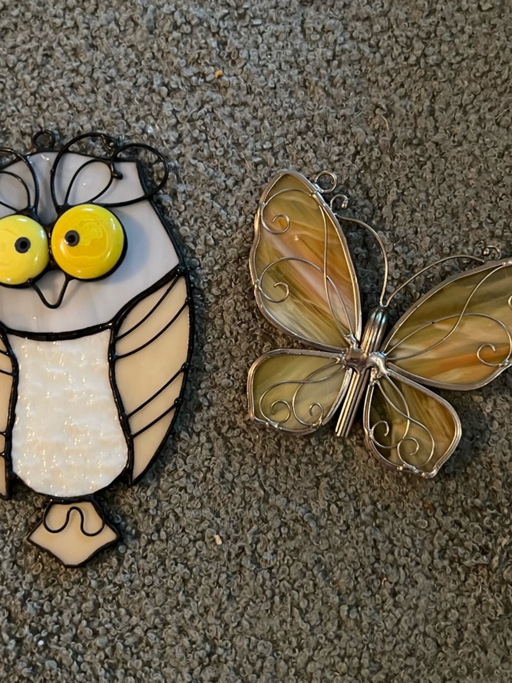 Vintage Handcrafted Stained Glass Owl and Butterfly Suncatchers - Yellow & White